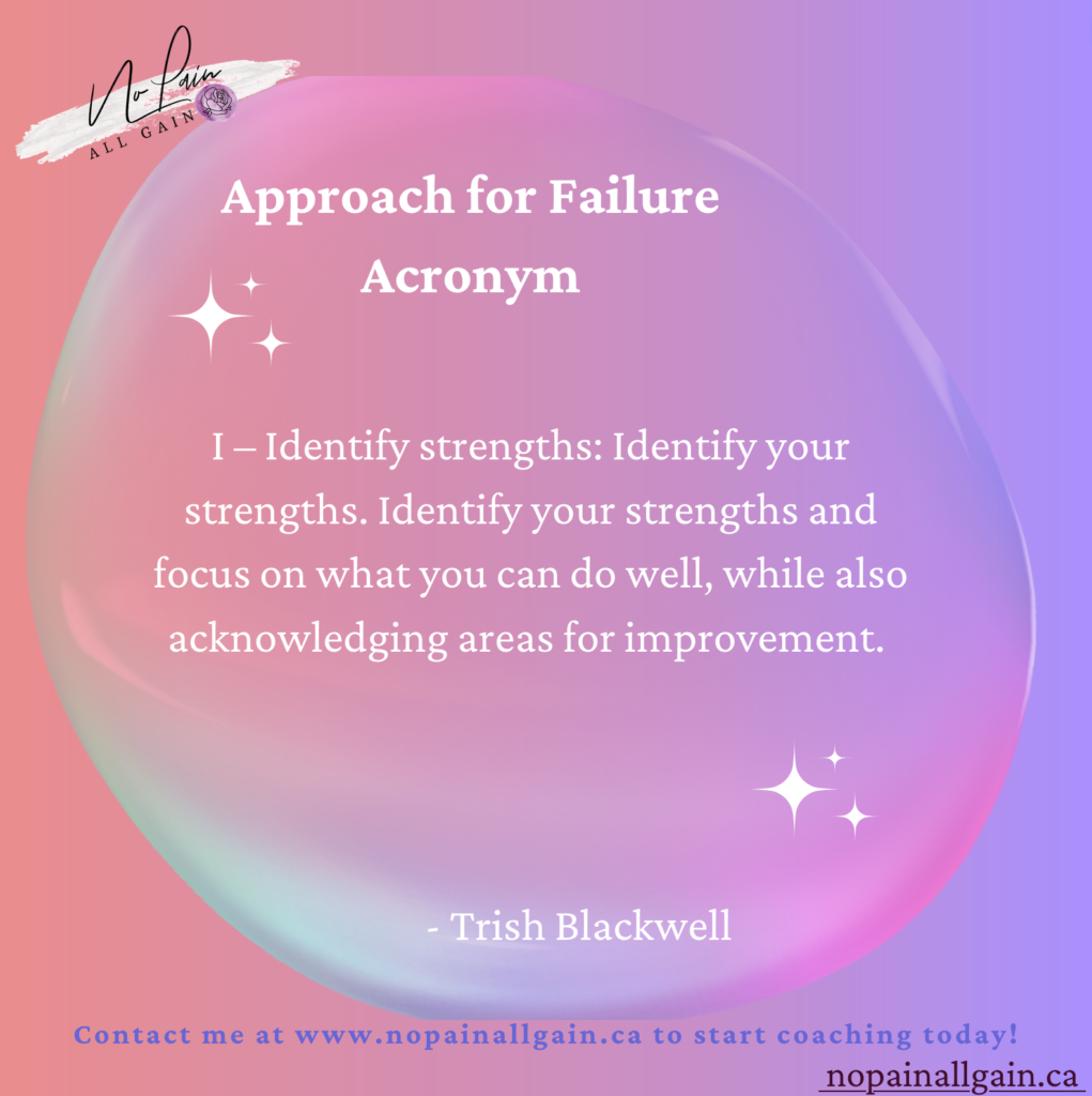 Approach for Failure Acronym

4. I – Identify strengths: Identify your strengths. Identify your strengths and focus on what you can do well, while also acknowledging areas for improvement.