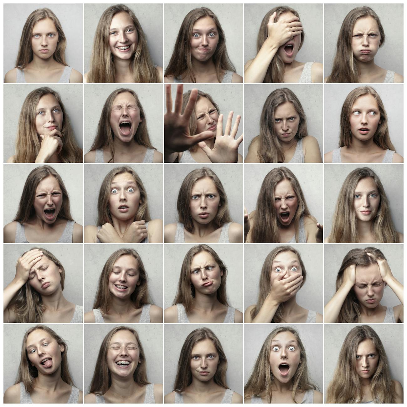 collage photo of a woman showing different emotions.