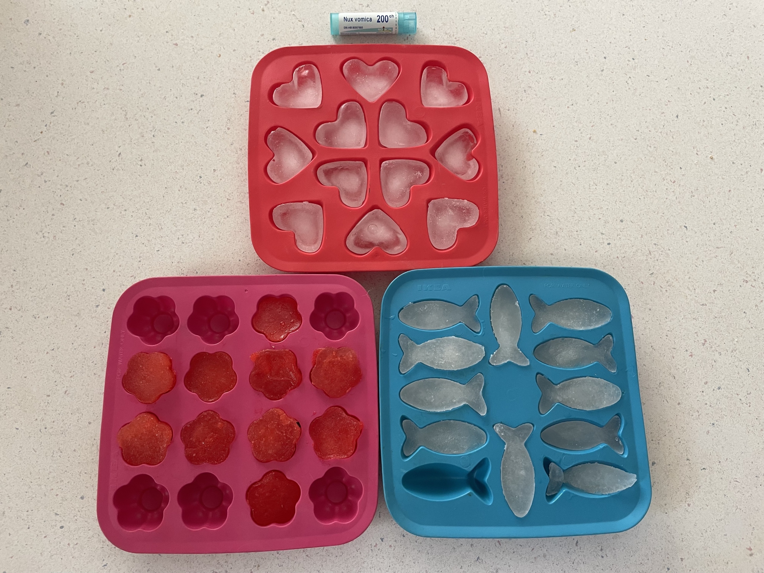 Tips for the flu. Ice cubes made from water, Gatorade, and Ginger Tea, plus Nux Vomica