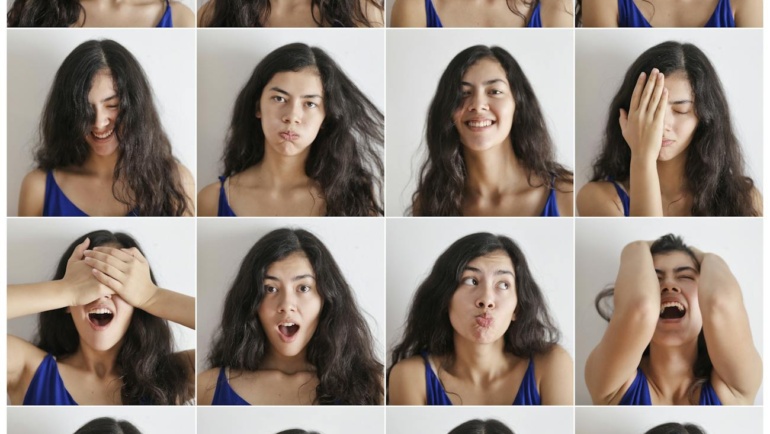 collage of portraits of cheerful woman