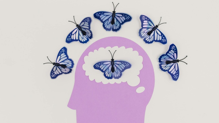 Ways to improve your brain, illustration of a head and butterflies around the scalp and inside the brain